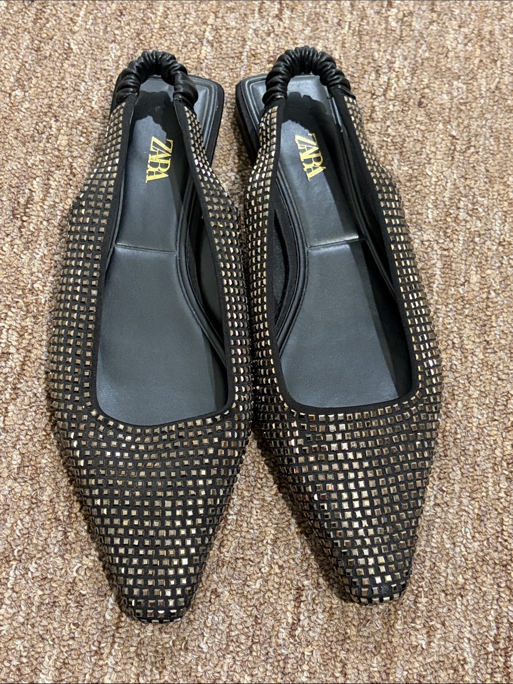 ZARA Black Pointed Slingback Flats with Gold Stud Detailing